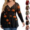 Damen Plus Size Langarm V-Ausschnitt Bluse mit Halloween-Print