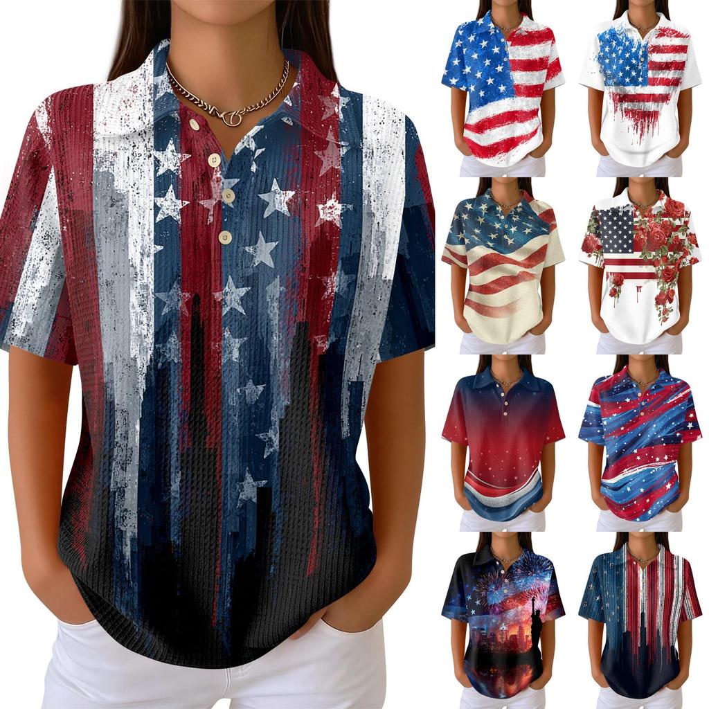 Women’s Casual Short Sleeve Knit Polo Shirt with Independence Day Printed Design and Relaxed Fit for Everyday Wear