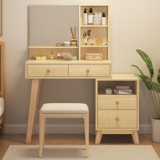 Dressing Table with Multi Drawers Big Mirror Wide Desktop Large Storage Space Smooth Surface Storing Wooden
