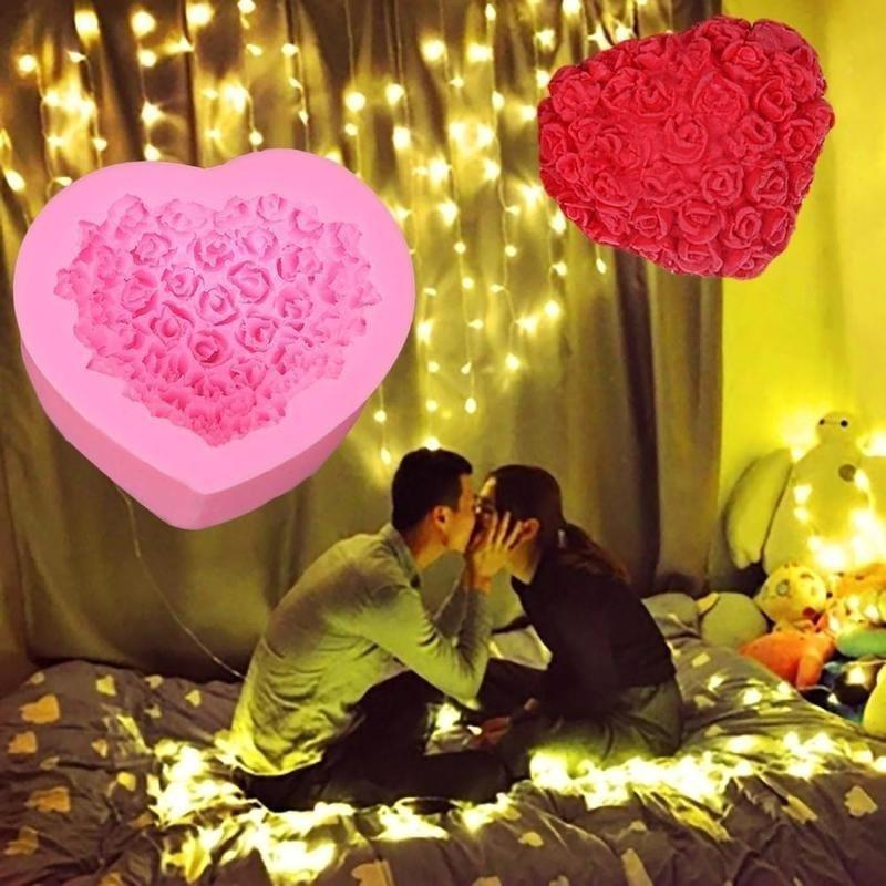 Pink 3D Love Roses Heart-shaped Silicone Mold Fondant Cake Mold Baking Die