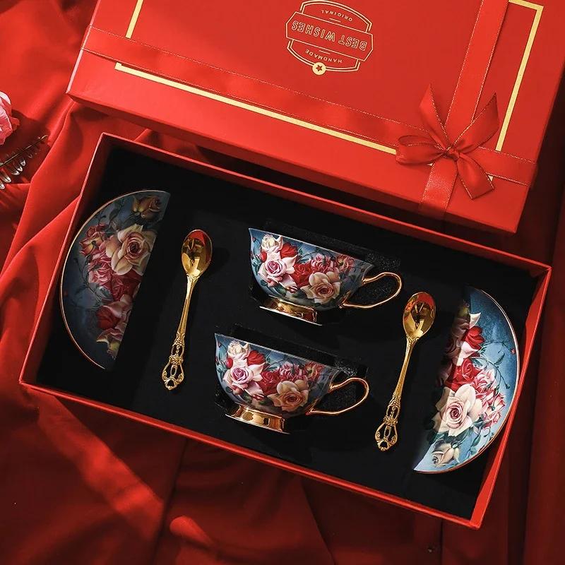 Exquisite Souvenir Bone China Coffee Cup Saucer Set Creative Water CupTea Cup European Style High-Value Tea Cup Tea Set Gift box