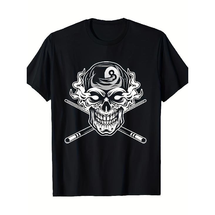 Men s Vintage Billiards T-Shirt with Skull & 8-Ball Pool Cues Graphic - Casual Short Sleeve Round Neck Tee Suitable for Pool Players, Billiards S
