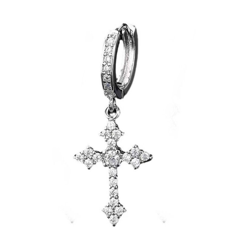 

S925 Sterling Silver Diamond Inlaid Moissanite Earrings Single Men Stylish European and American/Korean Cross Trend Diamond Moissanite Cross Earrings (Single)