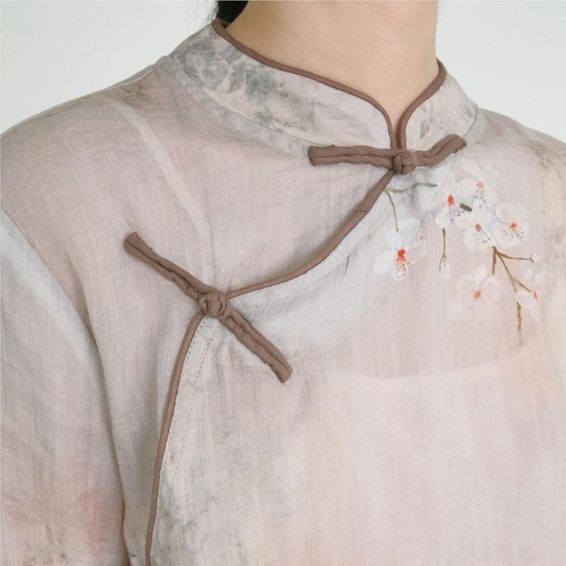 Johnature Women Chinese Style Shirts Tops Print Floral Stand Button Seven Sleeve Blouses Summer Vintage Shirts