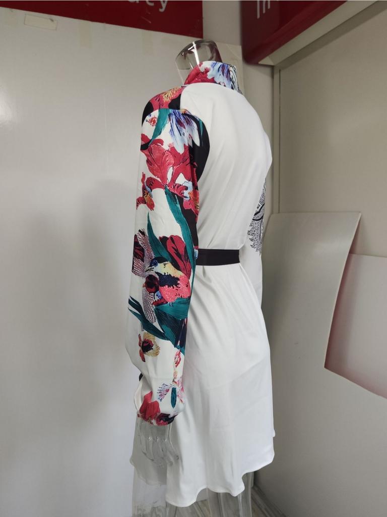 LaAe Up Print Mini Dress Women Fashion V-neck Long Sleeve Dresses for Women OffiAe Elegant A-line Robe Red