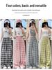 Women's Blue Ice Silk Plaid High-Waisted Wide-Leg Pants - Spring/Summer 2026 Collection