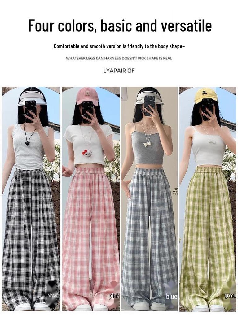 Women's Blue Ice Silk Plaid High-Waisted Wide-Leg Pants - Spring/Summer 2026 Collection