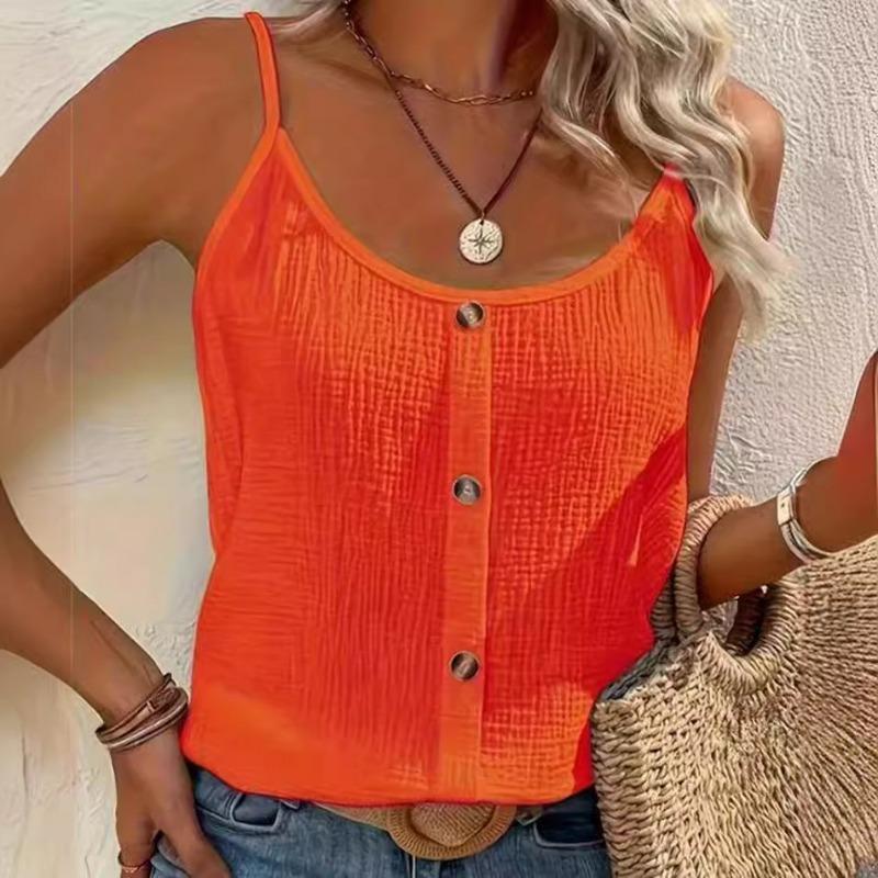 Women Scoop Neck Three Wooden Buttons Textured Sleeveless Loose Casual Top