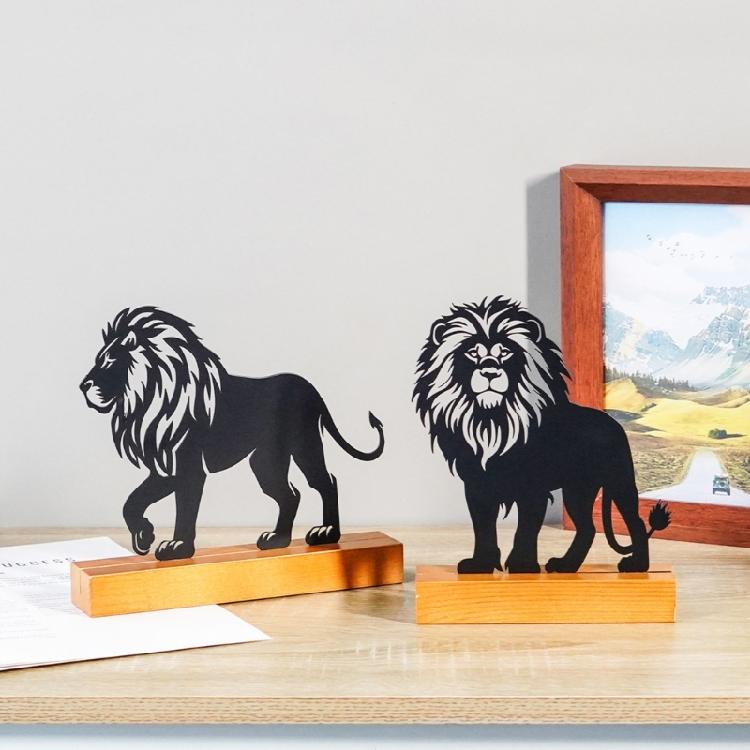 Metal Lion Statue with Wood Base Centerpieces Table Top Sign Hollow Out Iron Art Animal Sculpture Desktop Ornament Gift