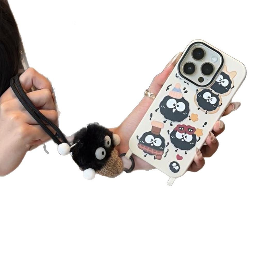 Lanyard Card Holder Mobile Phone Case Black Briquettes for Apple 17PROMAX Small Fresh Ins Cartoon Lanyard Mobile Phone Case