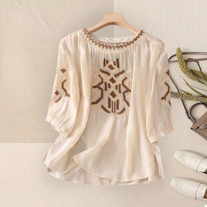 

Women s Heavy Embroidery Cotton Linen Half-sleeve Top, New Summer Loose Slimming Round Neck Pullover, Artsy Retro Short Sleeve 3XL бежевий