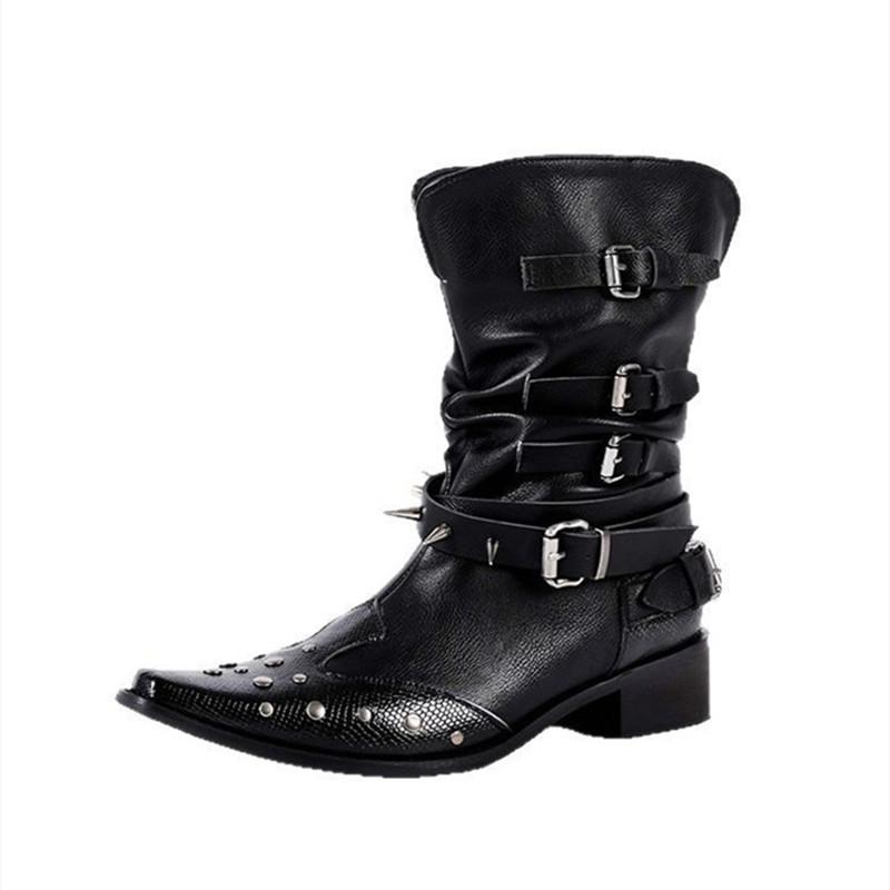 Punk Rivet Spike Patent Leather Women Motorcycle Boots Autumn Winter Thick High Heels Western Chunky Boots Shoes Booties