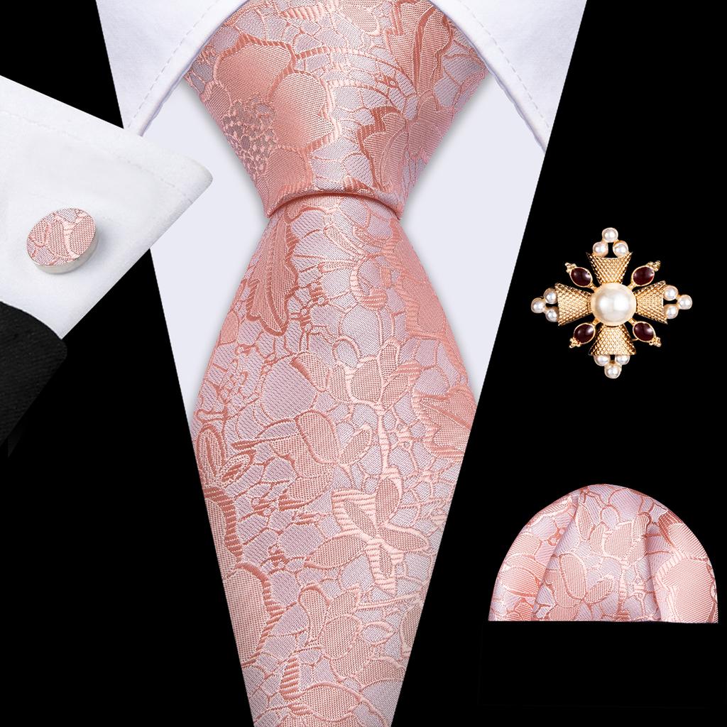 Pearl Brooch with Silk Tie for Men Vintage Floral Teal Necktie Hanky Cufflinks Gift Formal Set