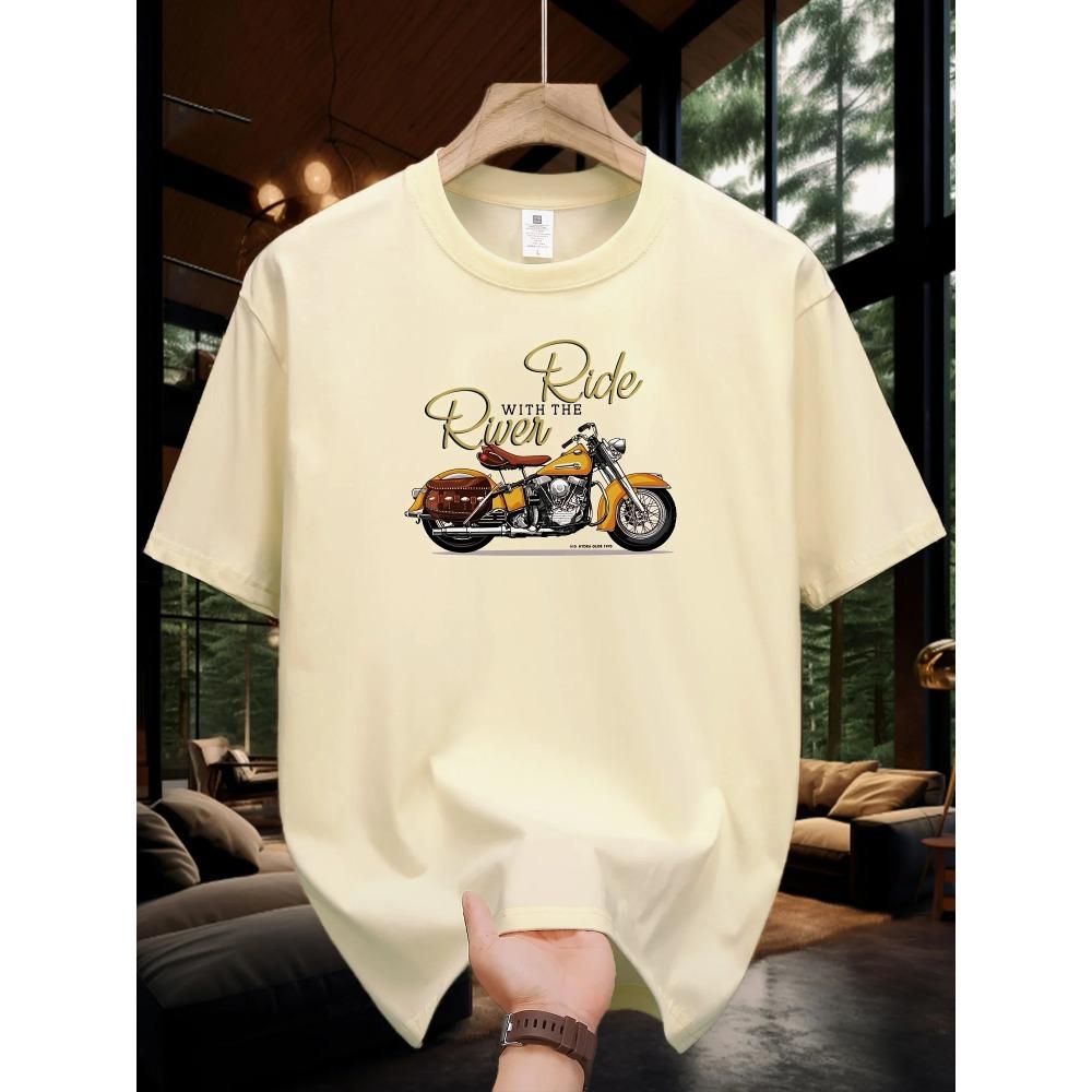 Men's Summer 100 Cotton Fashionable Casual Loose Large Size Classic Motorcycle Pattern Printed Round Neck Short Sleeve T-shirt