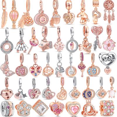 Rose Gold Plated S925 Sterling Silver Sparkling Feather Star Carriage Dangle Charm Bead Jewelry Fit Original  Bracelet