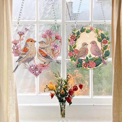 2pcs 2D Flat DIY Rhinestone Diamond Art Window Pendants Special Shape Diamond Painting Set Window Hanging Art for Home Decor