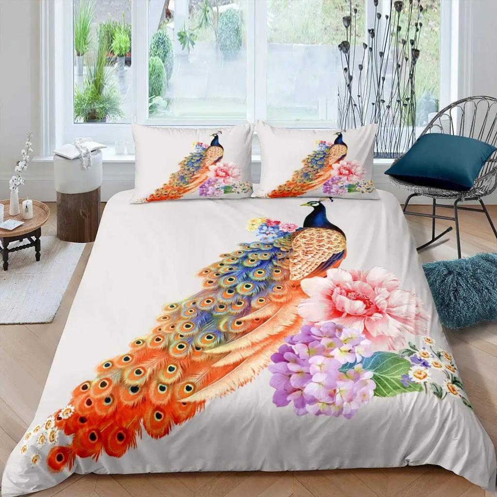 Peacock Duvet Cover Set King Size Floral Pattern Bedding Set Retro Peacock Feather Floral Theme Comforter Cover Luxury Quilt Set