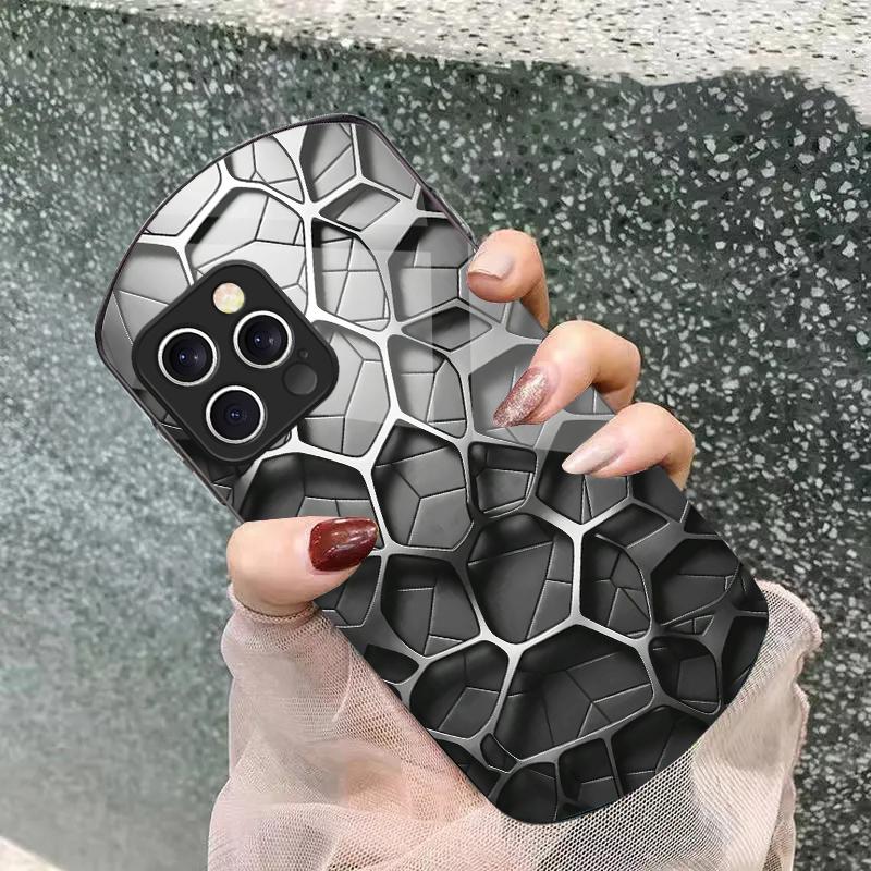 Cool Honeycomb Color For Iphone 11 12 13 14 15 16 Pro Max Plus Mini 7 8 Se 2020 X Xs Xr Elliptical Tempered Glass Phone Case