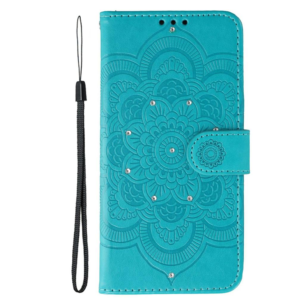 For Samsung Galaxy S24 Ultra Case Rhinestone Decor PU Leather Mandala Imprinted Design Phone Cover with Wrist Strap