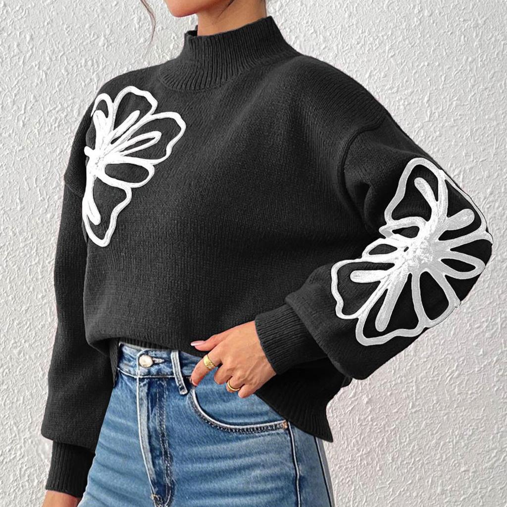 Damen Wintermantel mit dreidimensionaler Blumenstickerei aus Bändern, Stehkragen, Laternenärmeln und Kapuzensweater