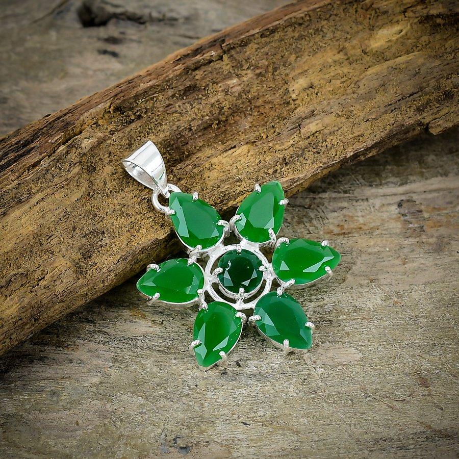 Green Jade Gemstone Handmade 925 Sterling Silver Jewelry Pendant 1.77" M-77