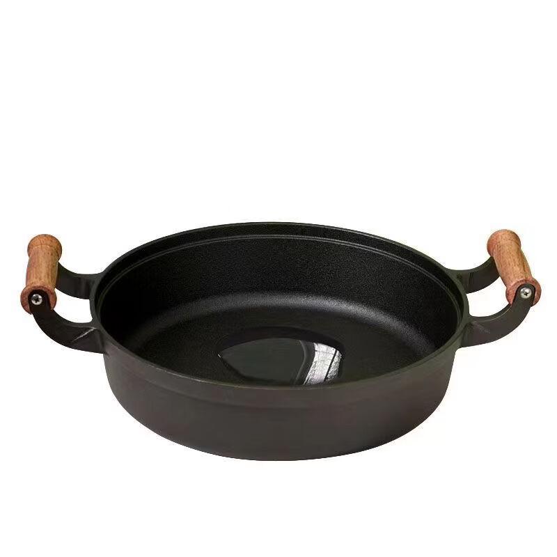 UOSU Deep Cast Iron Frying Pan with Beechwood Handle and Glass Lid