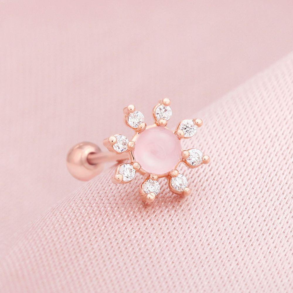 14K Rose Gold Flower Cubic Zirconia Piercing with Rose Quartz