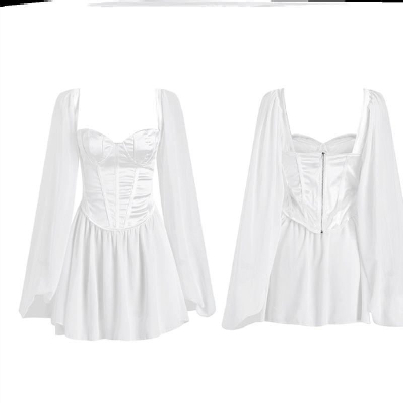 Internet Celebrity French Minority Retro Puff Sleeve Drawstring Slim-Fit Elegant Sexy High Waist Chiffon Women Dress