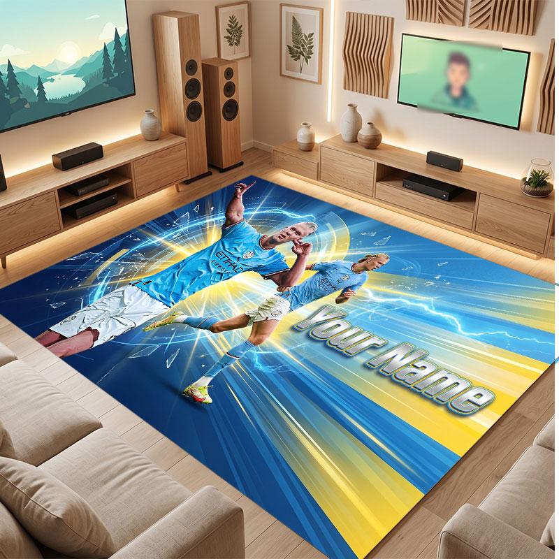 Erling Haaland Custom Crystal Velvet Rug, Personalized Name Text Print, Football Logo Soft Non‑Slip Floor Mat Home Decor Gift