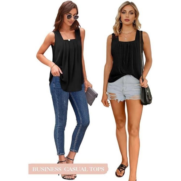 Loose Flowing Vest Top with Pleated Square Neck and Curved Hem for Summer Women Sleeveless