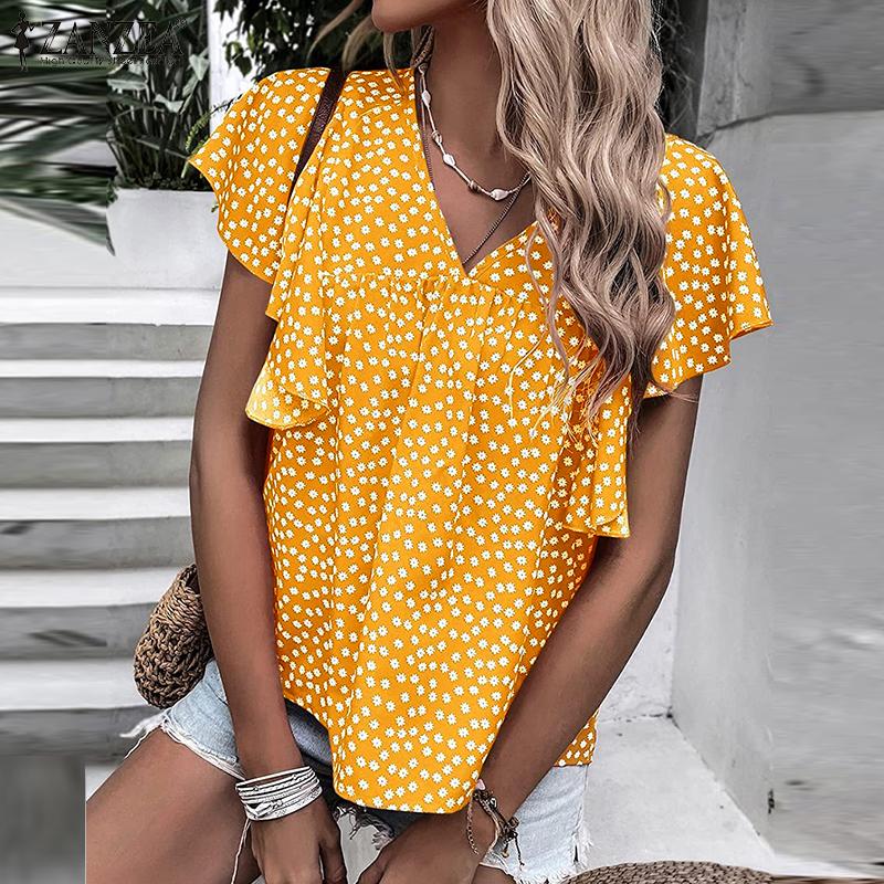 

ZANZEA Женская летняя свободная повседневная блузка в горошек с оборками на рукавах