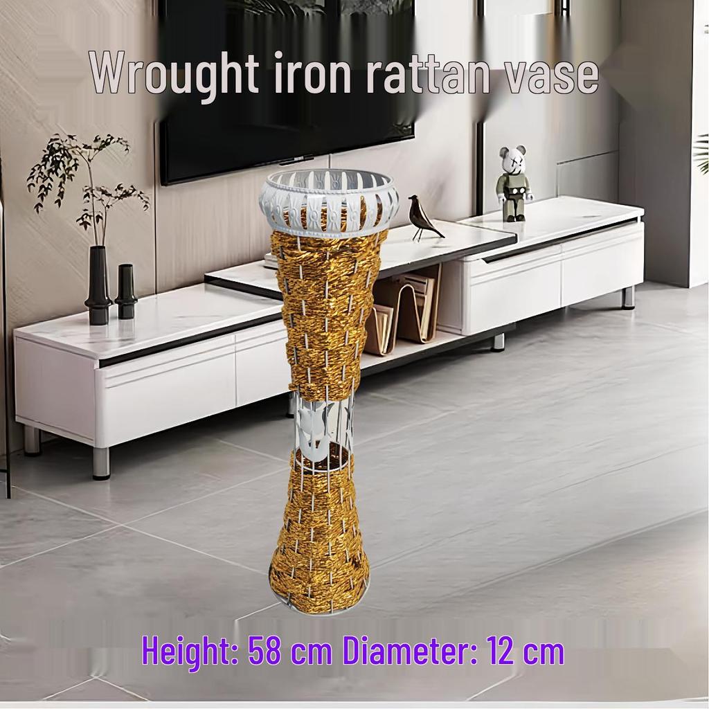 Nordic Large Resin Rattan Vase for Dried Flowers - Ceramic Look, Iron Art Floor Decoration.