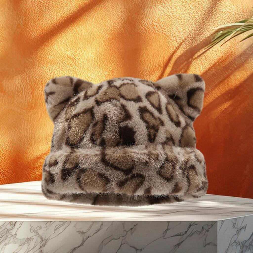 Oversized Kitten Hat with Ear Leopard Print Skiing Hat Furry Hood Cartoon Photo Props Outdoor Head Wrap for Halloween