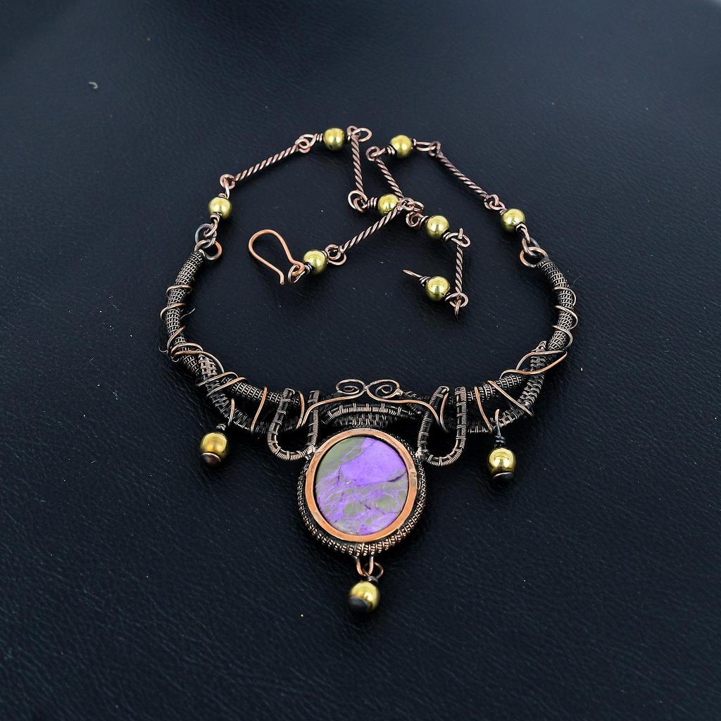 Purpurite, 999 Copper Wire Wrapped Necklace with Adjustable Chain, Handmade Gemstone Jewelry Necklace For Memorial Day