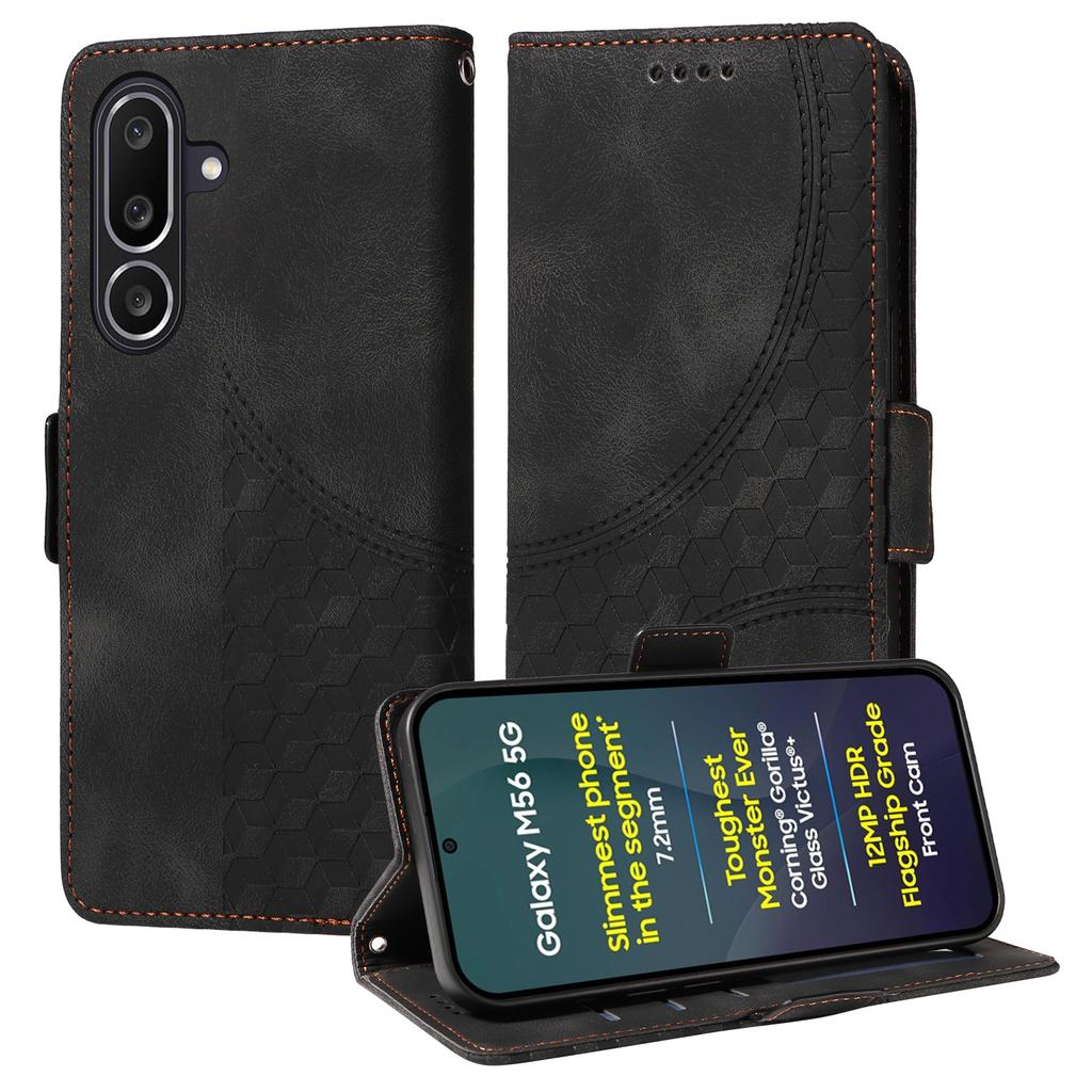 For Samsung Galaxy M56 5G Leather Cases Wallet Rhombus Imprinted Phone Cover Stand with Strap