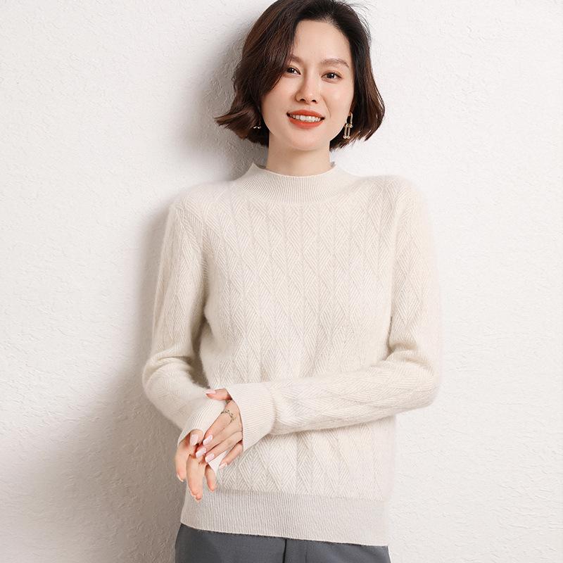 

Autumn and winter new women s half-height round neck simple solid color rhombus pullover sweater slim and thin thickened knitted sweater women S