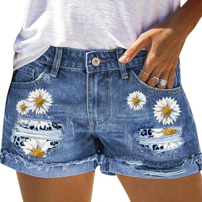 Shorts jeans femininos rasgados com apliques estampados e jeans enrolados da moda
