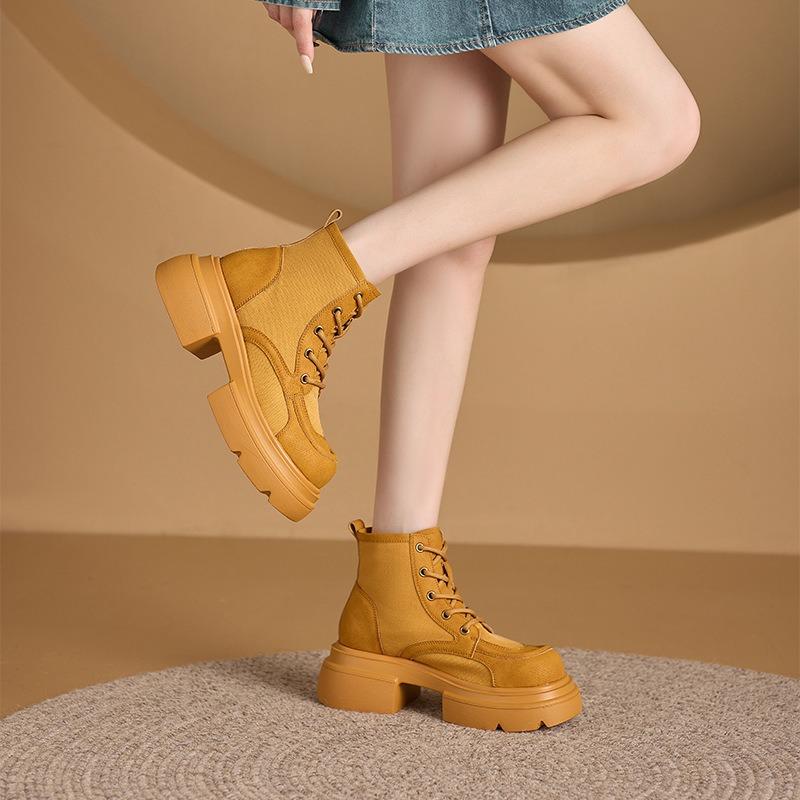 Autumn canvas splicing leather rhubarb boots women's side zipper platform Martin boots women's casual shoes