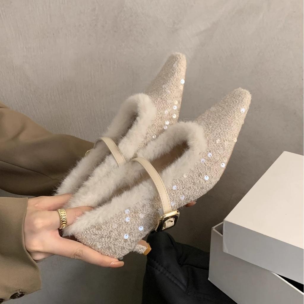 French fairy stiletto high heels 2025 Korean version of gentle temperament fluffy shoes women wear women's Mary Jane shoes