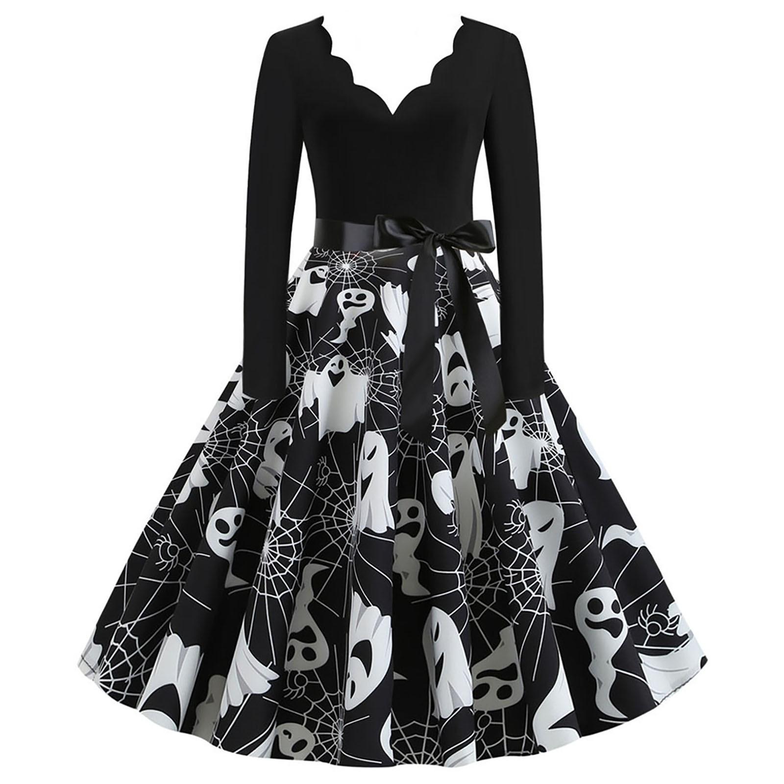 

Women Vintage Long Sleeve Halloween 10s Housewife Evening Party Prom Dress S чёрный