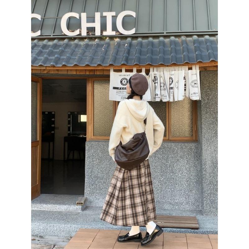 Japanese Preppy Style Autumn Winter Women Brown Plaid Skirt Elastic Waist Thicken Woolen Warm Skirt Elegant Wool Basic A-Line Skirt