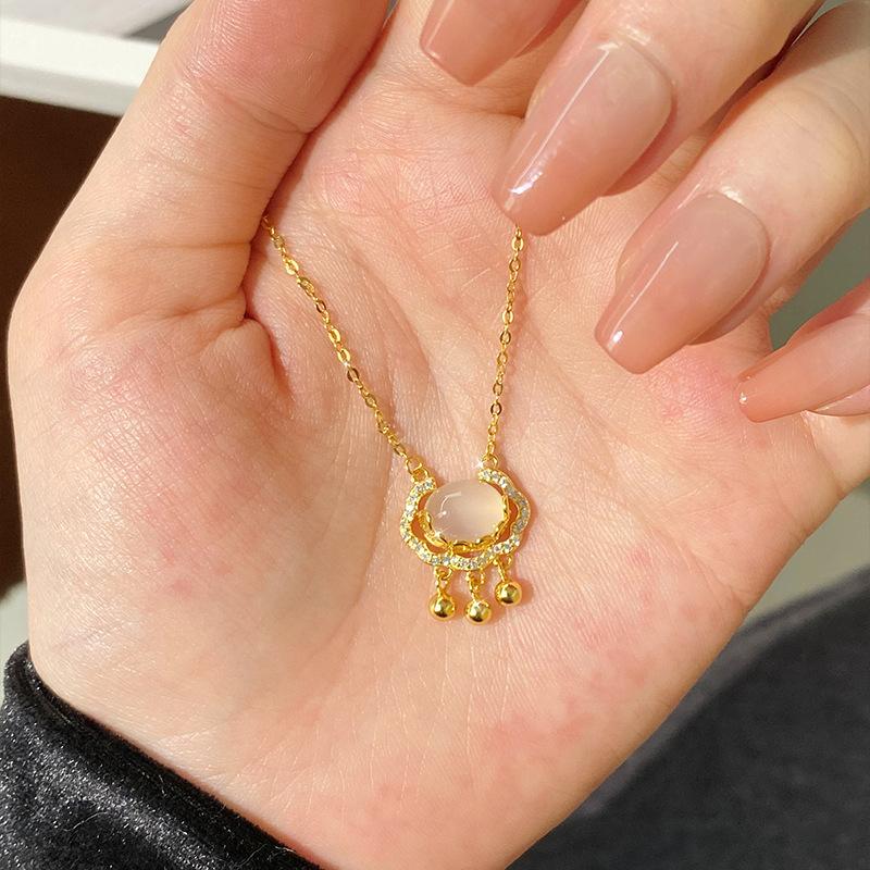 S925 Sterling Silver with Diamonds, Chalcedony White Safety Lock Necklace, Simple Classic Elements, National Style Design Collarbone Chain