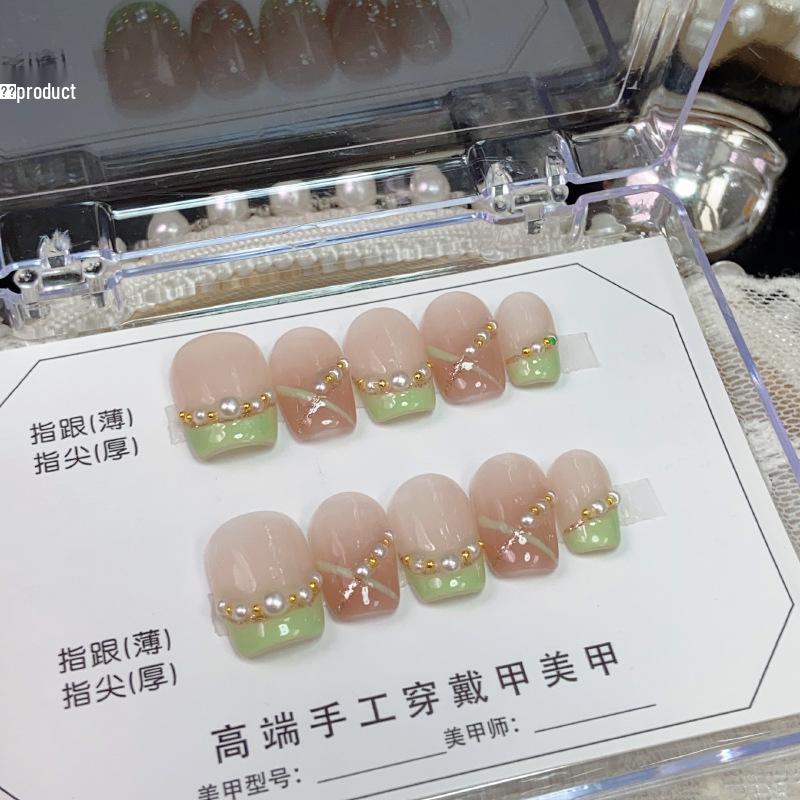 

Handmade Green French Manicure Short Nail Tips - Gel Fake Nails Extra Small