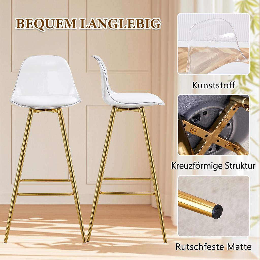 2-Piece Set Bar Stools with Transparent Backrest, Gold Frame, High Chair – for Café, Living Room and Bar Area