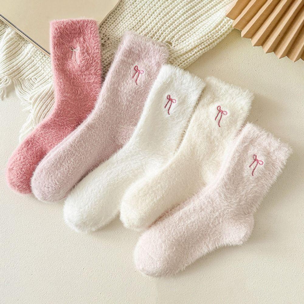 5Pairs Soft Women's Thickened Socks Cute Middle Tube Socks Simple Warm Home Socks  Autumn Winter