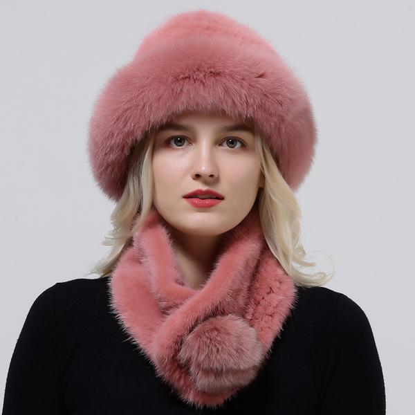 Hot Sale Rex Rabbit Fur Hats Scarf Set Elastic Knitted Winter Hat Women Genuine Warm Fur Caps Luxury Woman Fox Fur Bucket Hat