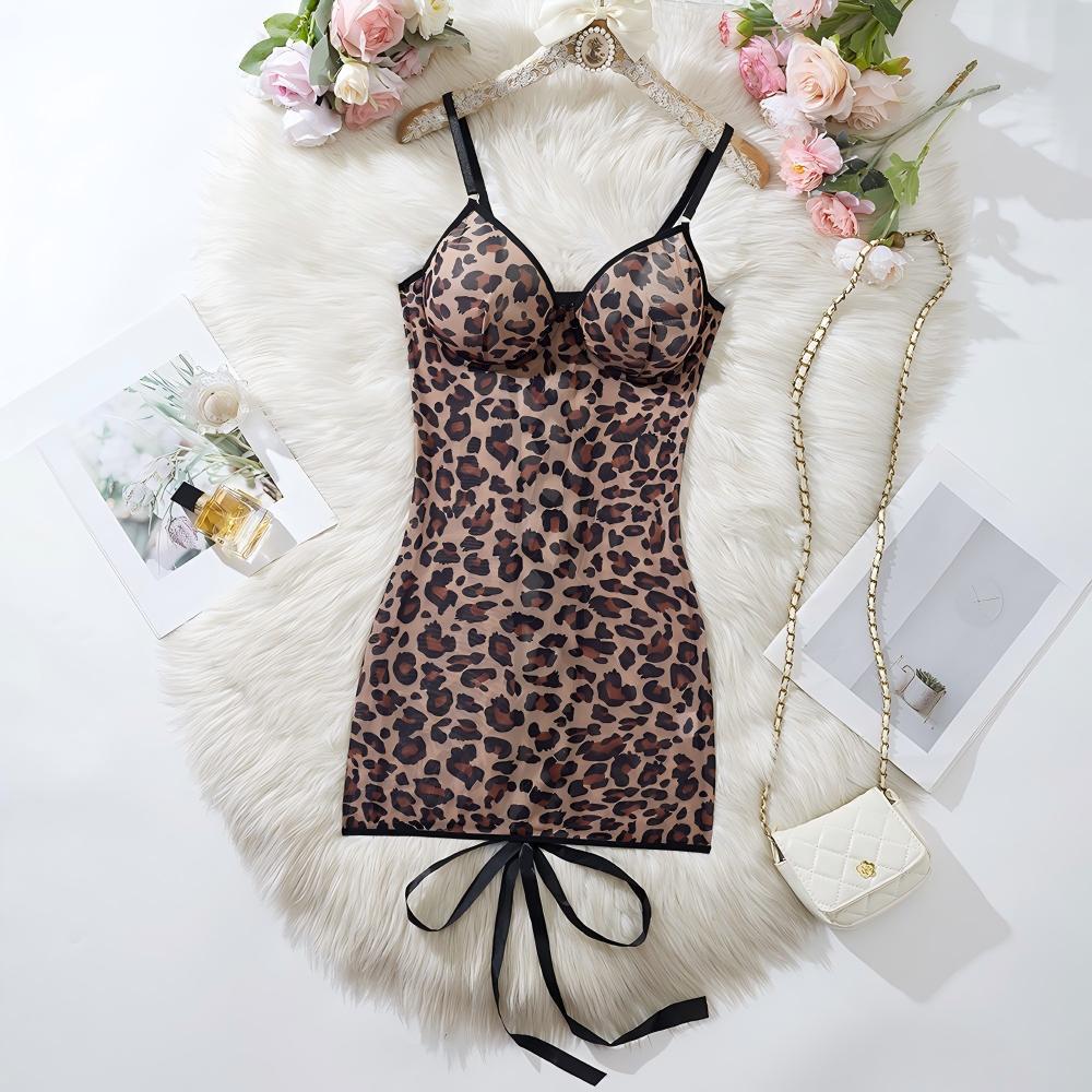 European and American popular steel rings gather leopard print sexy fun pajamas lace backless suspender skirt