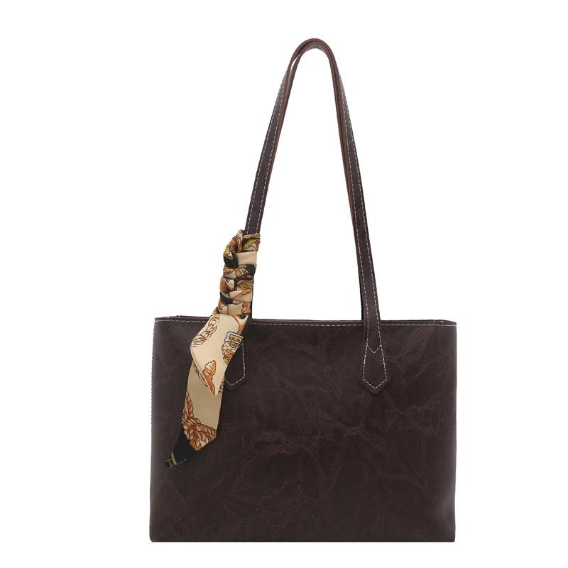 Women Vintage Pu Leather Tote Bag, Large Capacity Shoulder Handbag, Decorative Silk Scarf, Contrast Stitching, Office Work Daily Commuter Purse