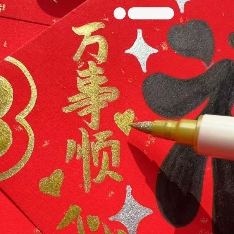 5Pcs Golden Acrylic Paint Markers Dual Tip Brush & Fine Tip Metallic Gold Paint Pens for Art Craft Drawing Rock Painting