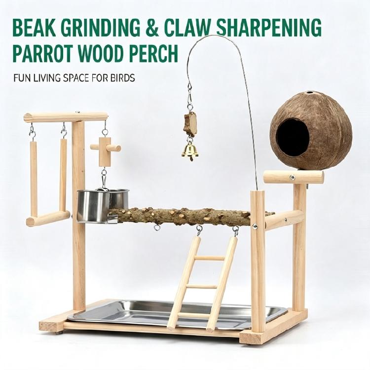 Wood Bird Play Stand Playgrounds Toy with Textured Branch Perch, Swing, Climbing Ladder and Metal Tray for Pet Bird Rest, Exercise Activity